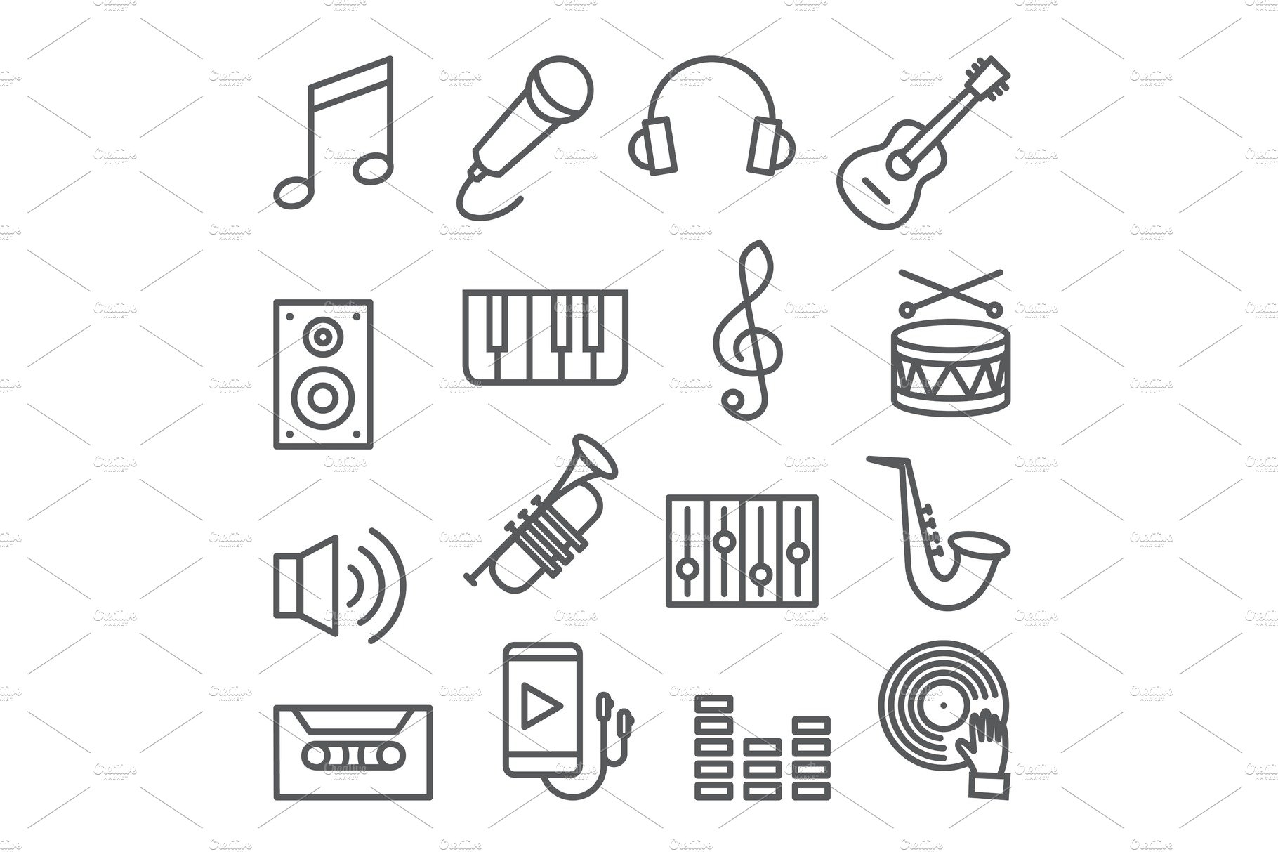 Music line icons set on white cover image.