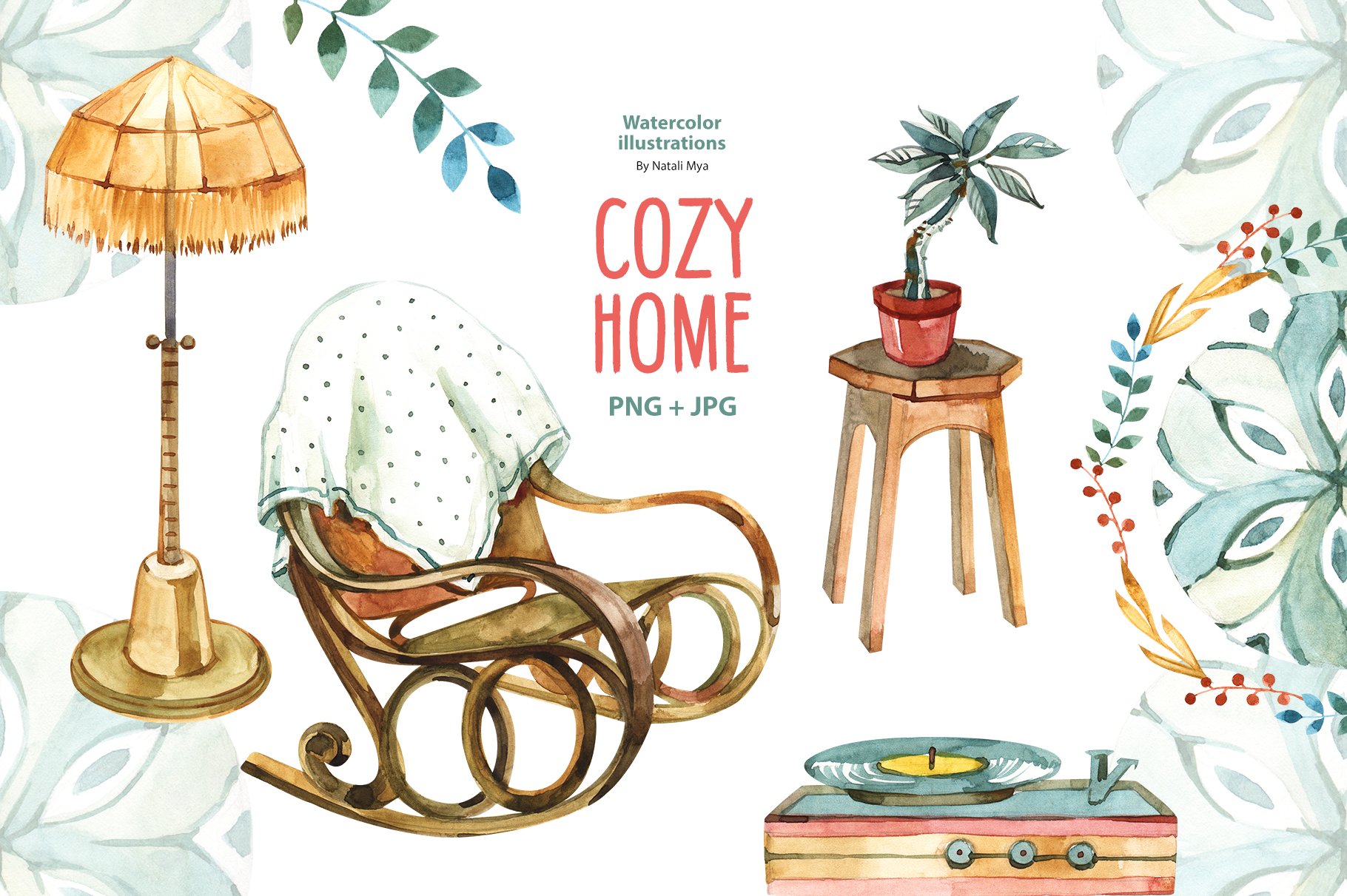 Watercolor cozy home clipart cover image.