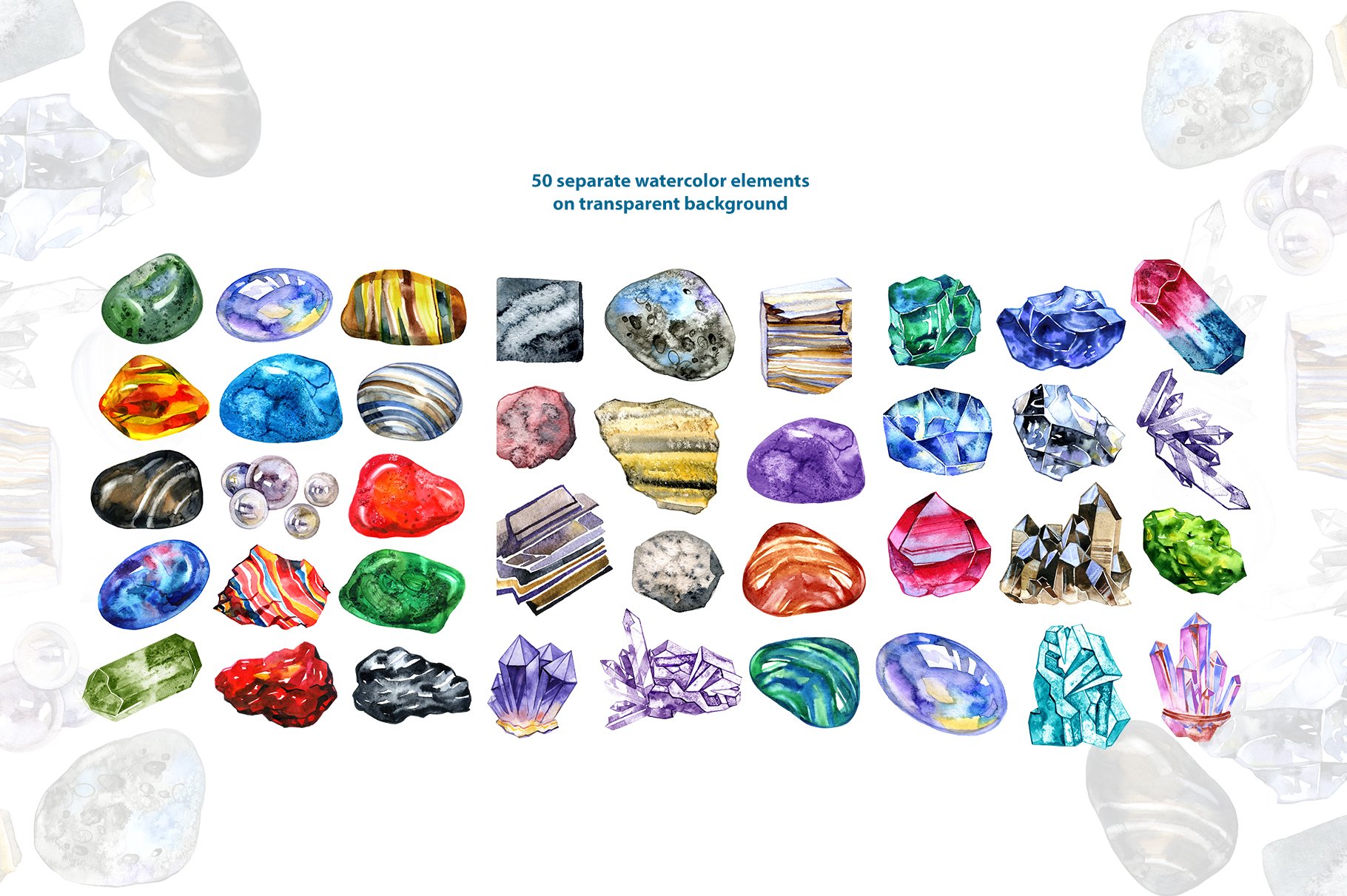 Watercolor minerals and gems preview image.