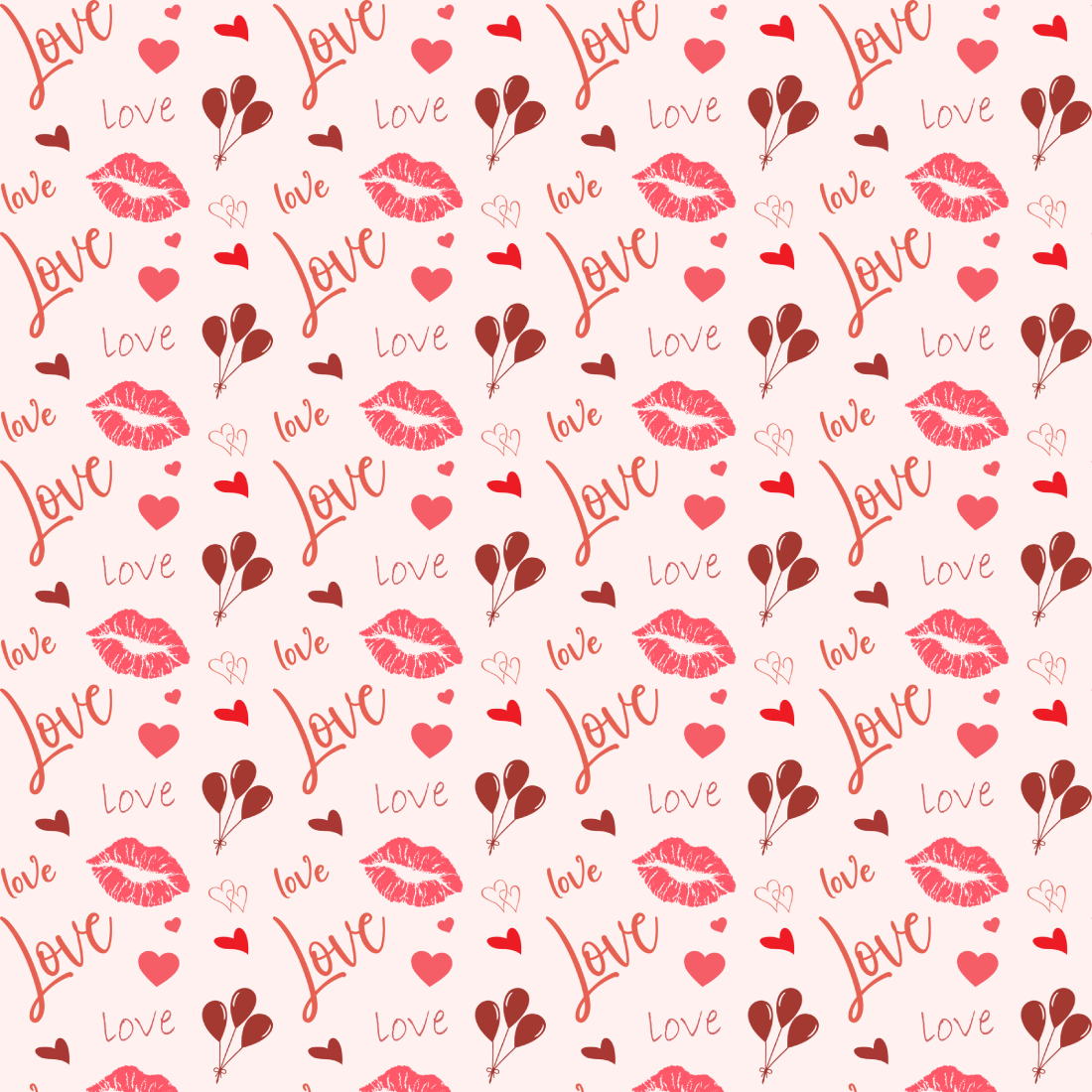 Vector seamless doodle heart and love word pattern preview image.