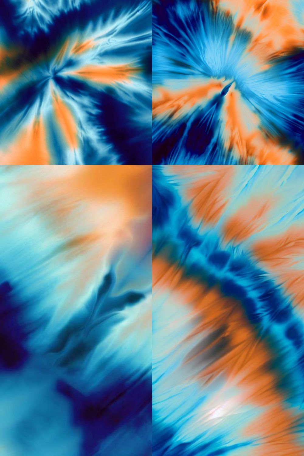 4 Tie dye psychedelic background images in the colour combination orange-blue pinterest preview image.
