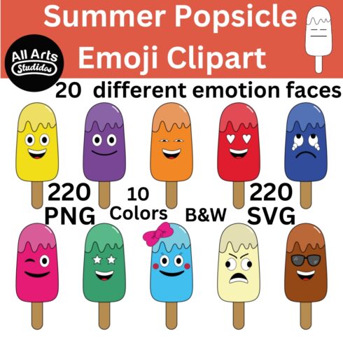 Popsicle Faces Emoji Emotions Clipart - 220 SVG and PNG only $7 cover image.