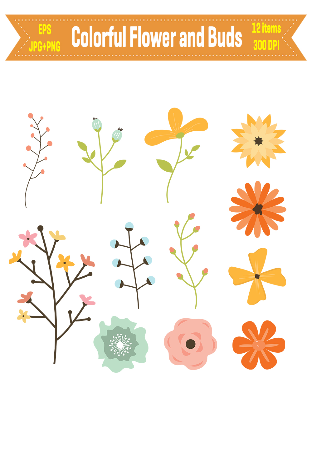 Colorful Flower and Buds Clipart pinterest preview image.