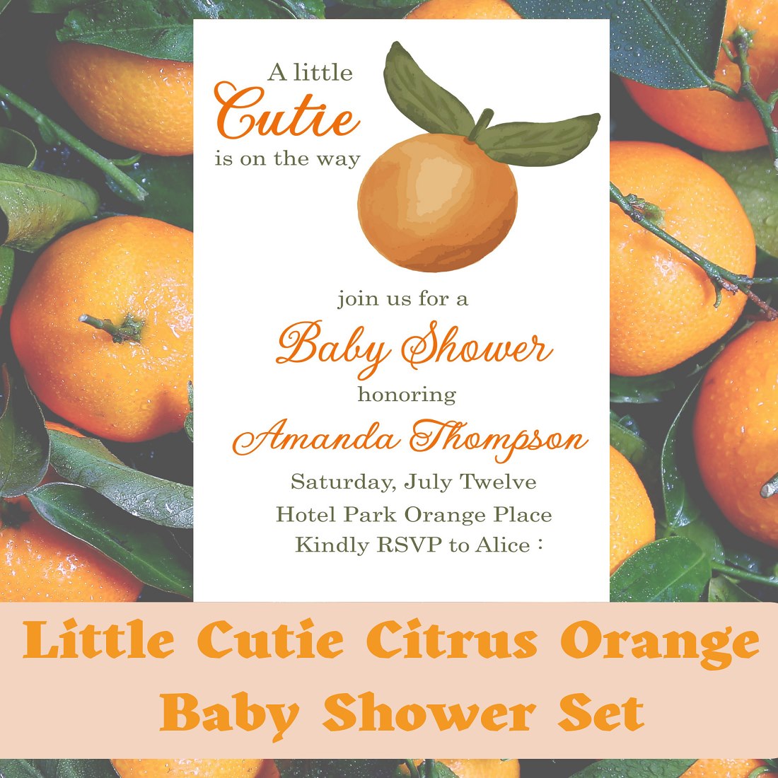 Little Cutie Citrus Orange Baby Shower Invitation Set cover image.