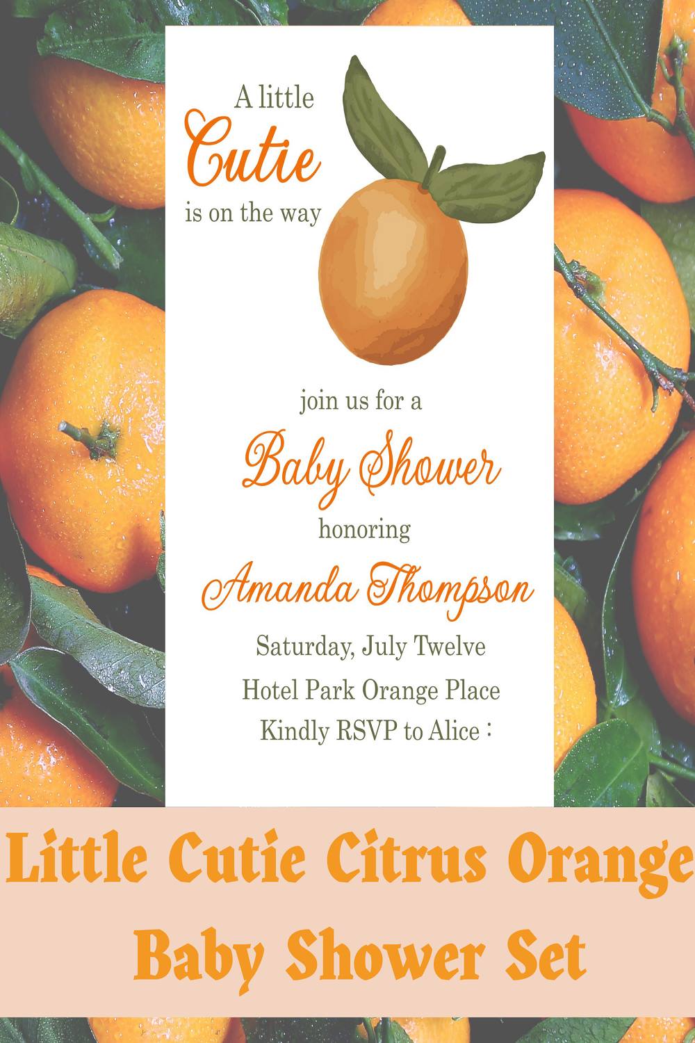 Little Cutie Citrus Orange Baby Shower Invitation Set pinterest preview image.