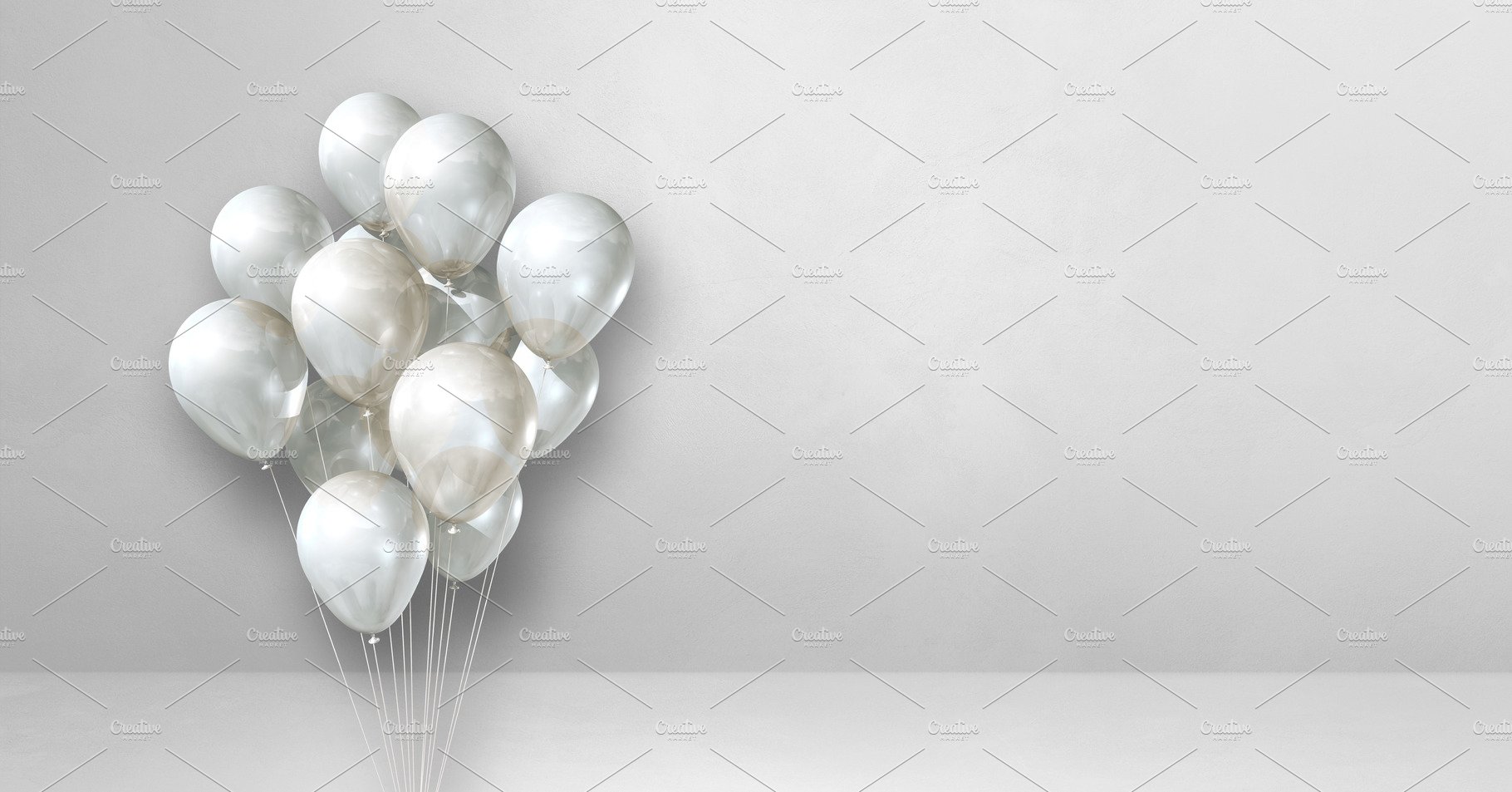 Balloons bunch on a white wall background. Horizontal banner. cover image.