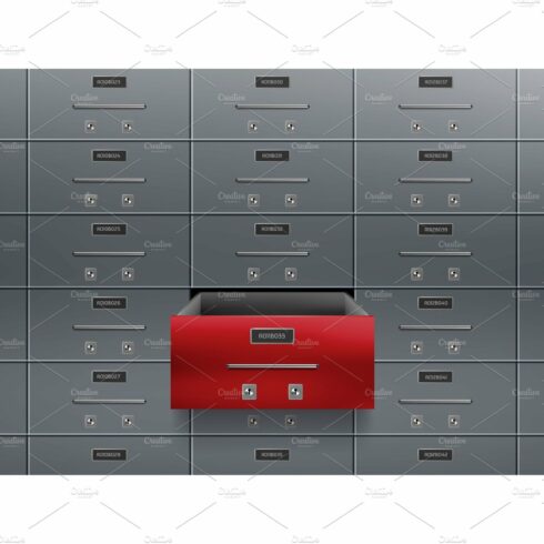 Bank deposit safe boxes wall one red cover image.
