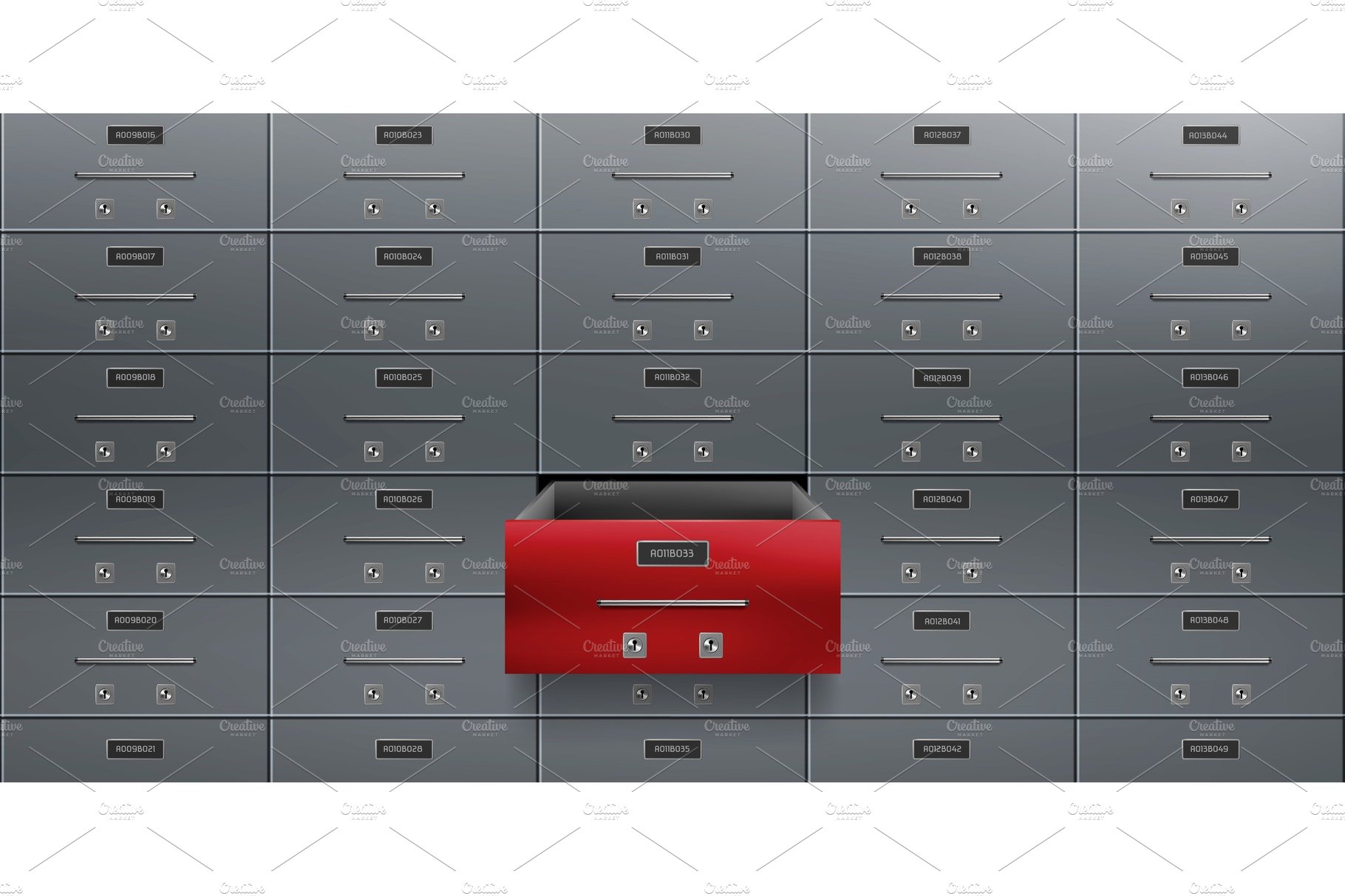 Bank deposit safe boxes wall one red cover image.