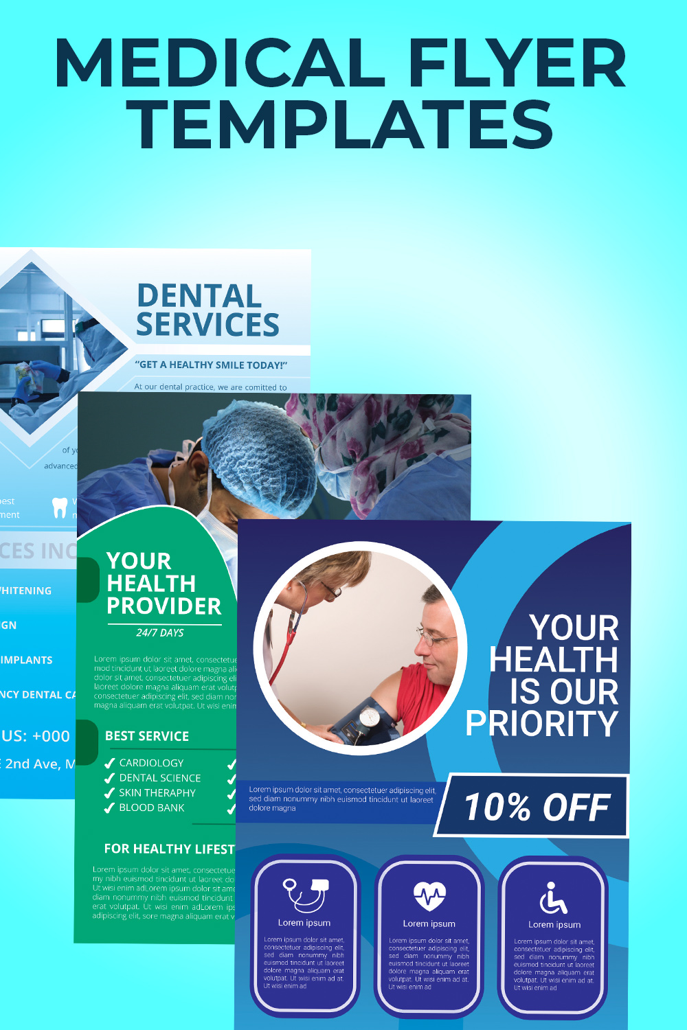 3 Healthcare Flyer Templates pinterest preview image.