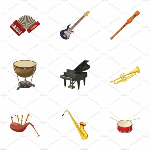 Musical device icons set, cartoon cover image.