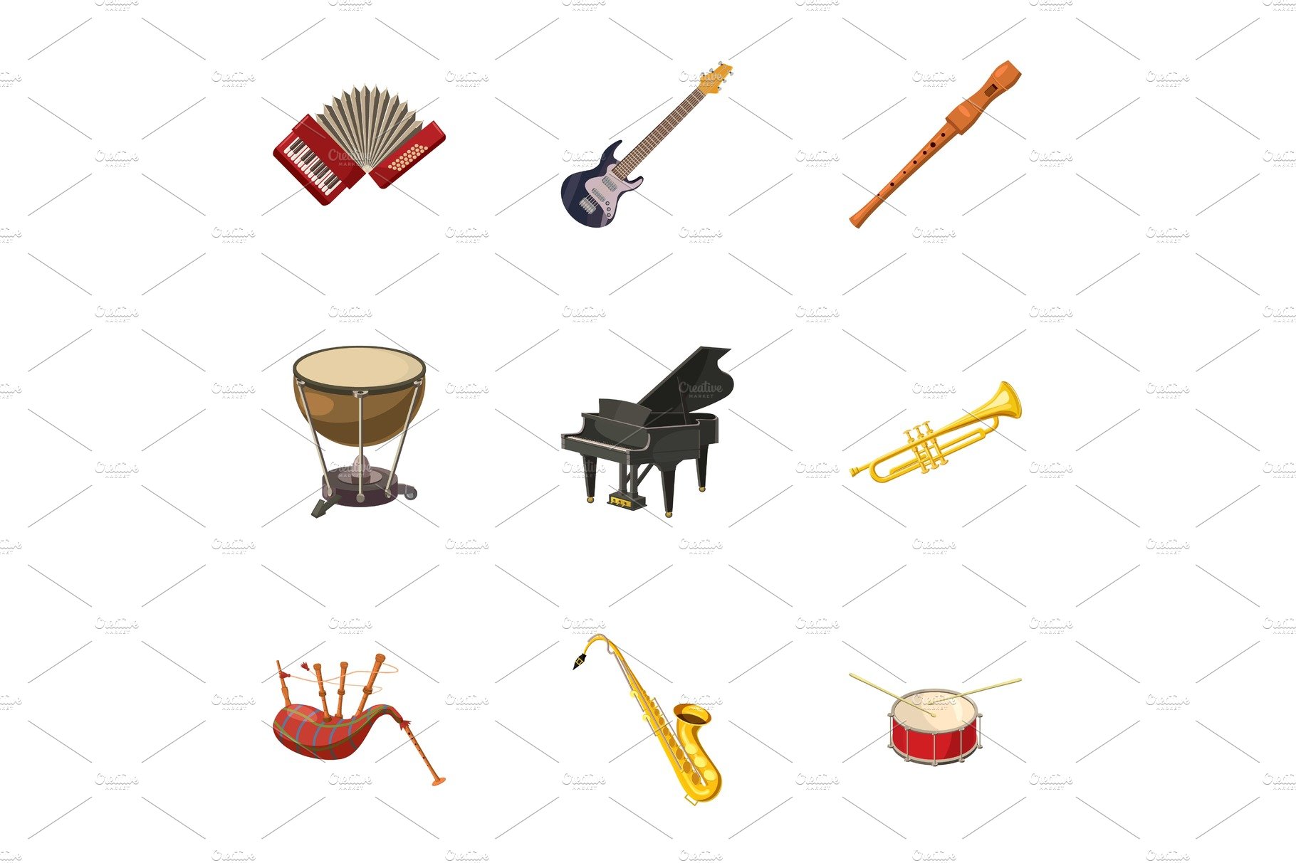 Musical device icons set, cartoon cover image.