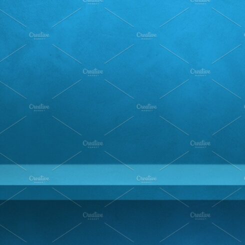 Empty shelf on a blue wall. Background template. Horizontal bann cover image.
