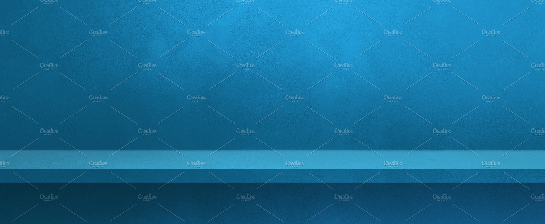 Empty shelf on a blue wall. Background template. Horizontal bann cover image.