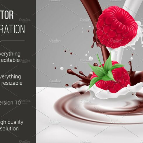 Raspberries with milk and chocolate cover image.