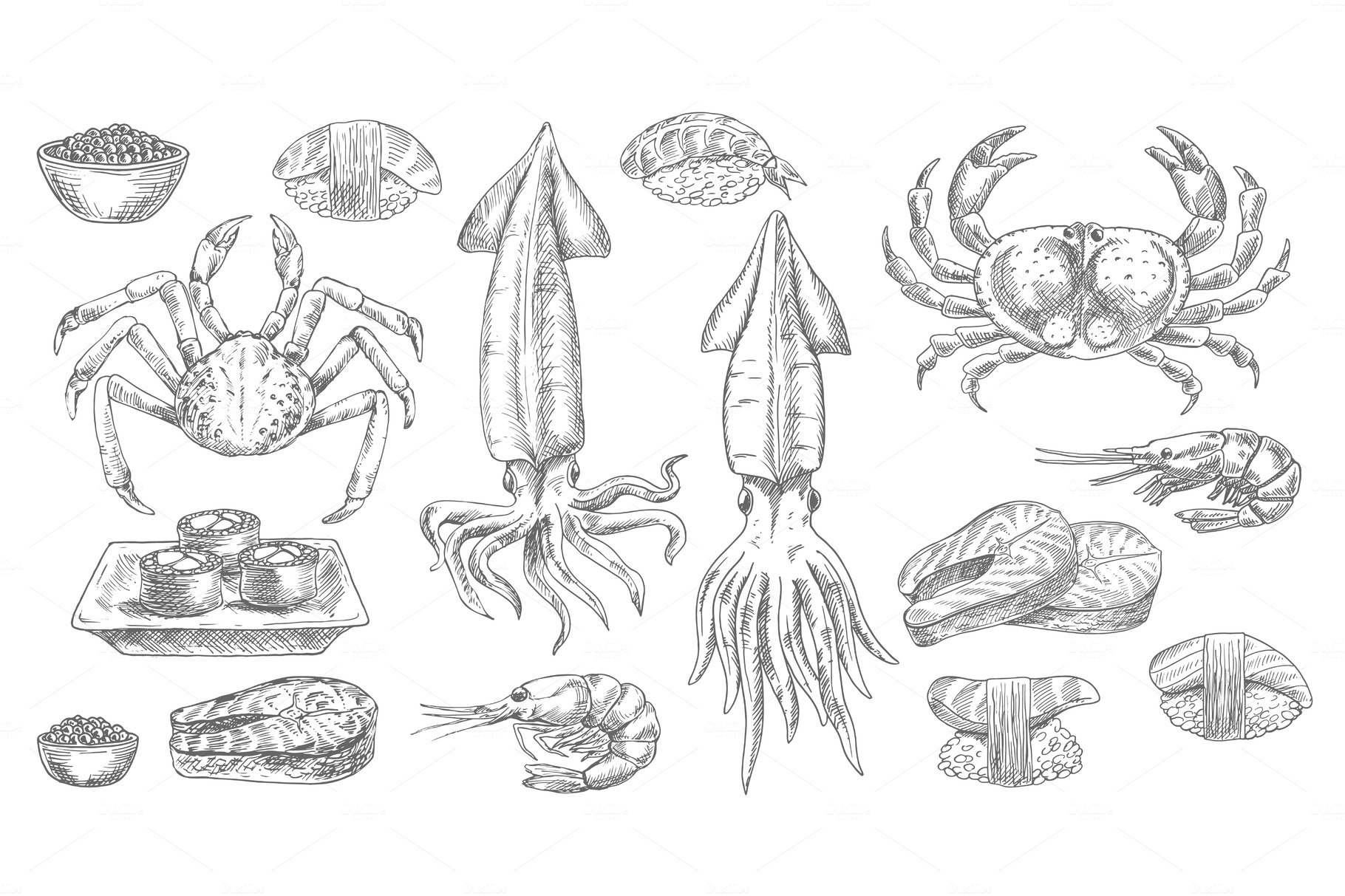 Seafood, sketched fish and sushi cover image.