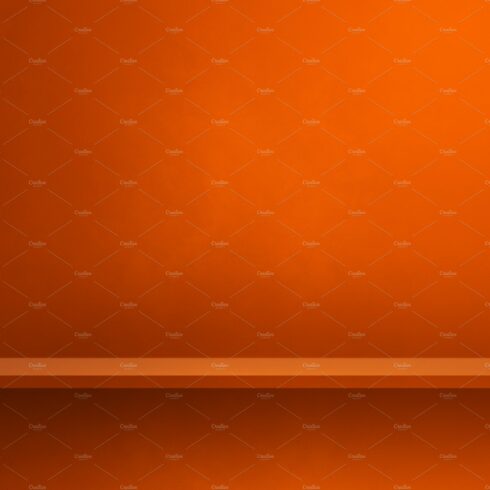 Empty shelf on orange wall. Background template. Square banner cover image.
