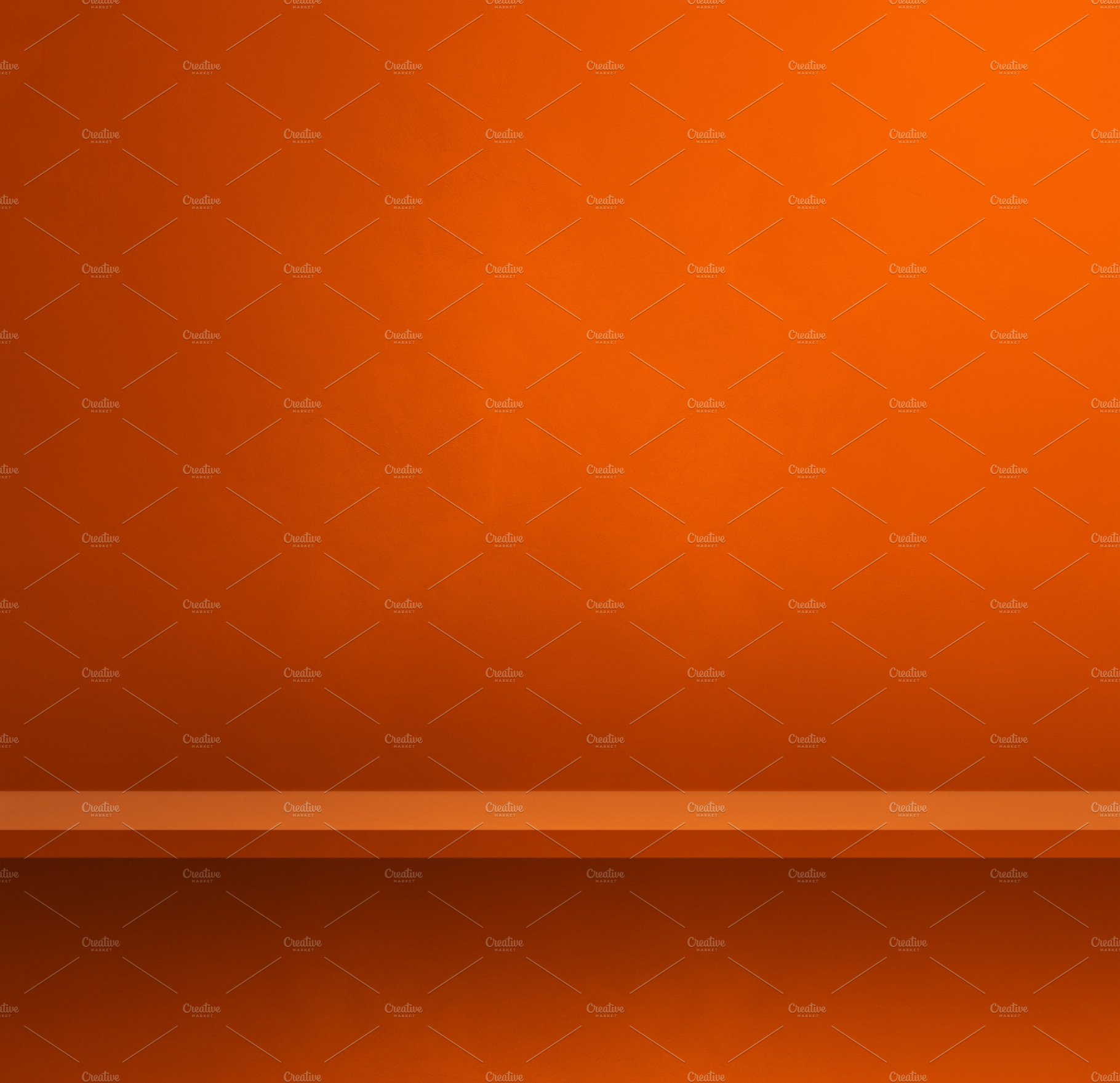 Empty shelf on orange wall. Background template. Square banner cover image.
