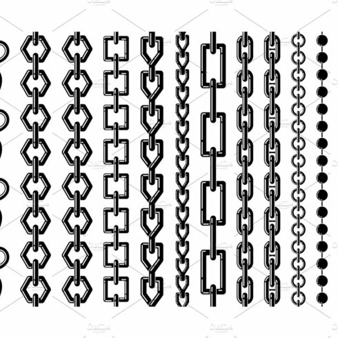 Silhouette of different steel chains isolate on white. Vector monochrome se... cover image.