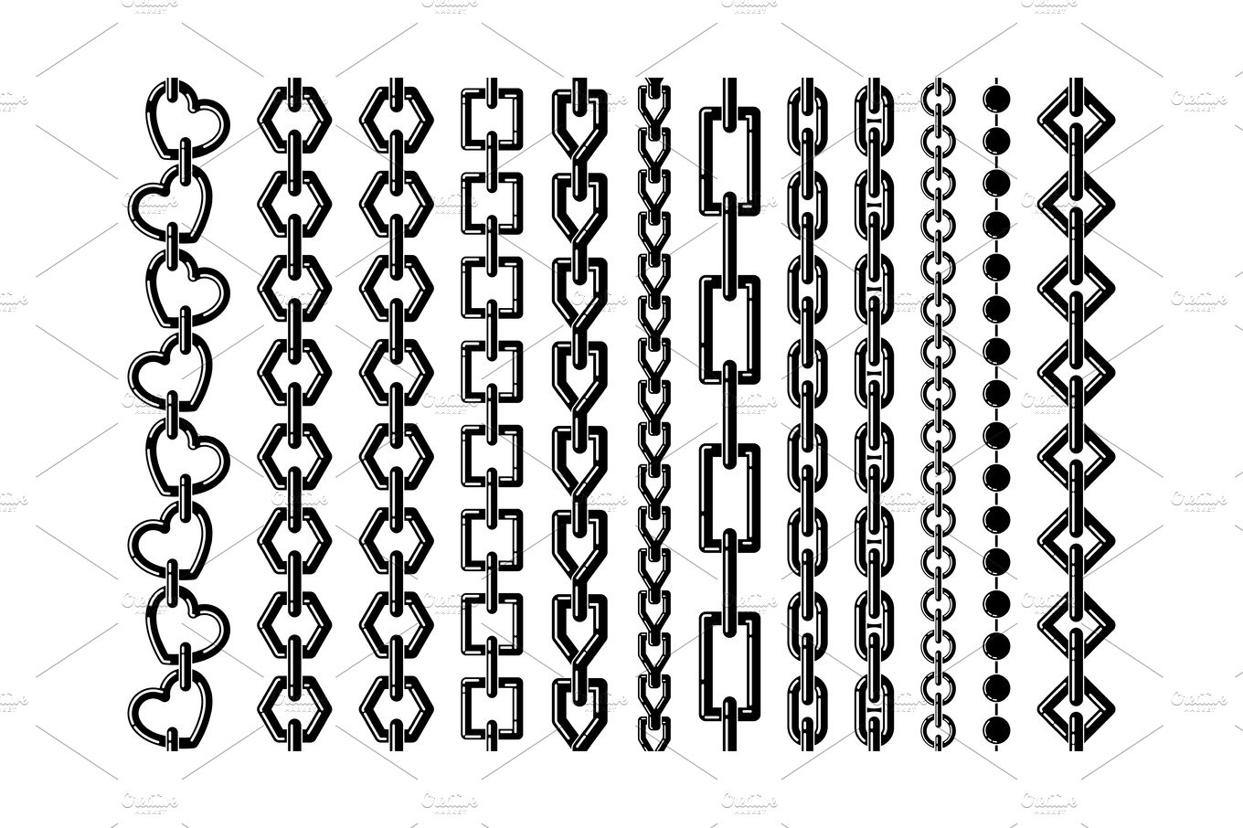 Silhouette of different steel chains isolate on white. Vector monochrome se... cover image.