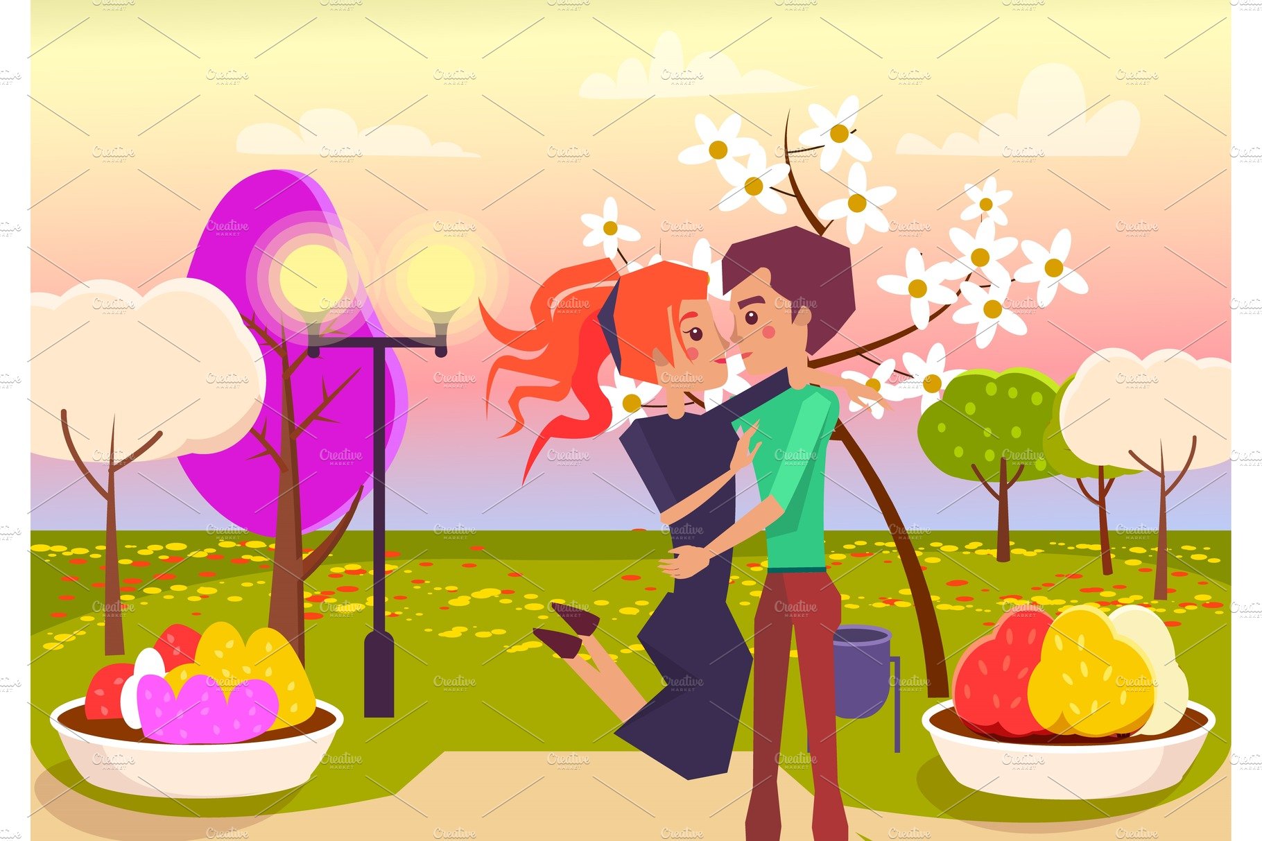 Happy Couple Hugs in Park at Sunset Illustration cover image.