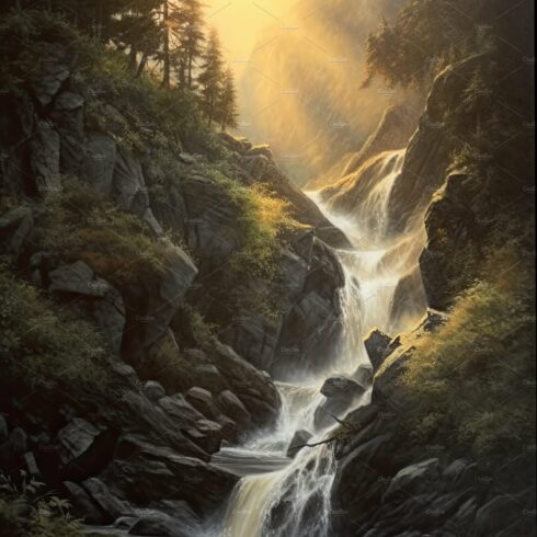 Beautiful vertical landscape with tall mountains, waterfall and a river. Ge... cover image.