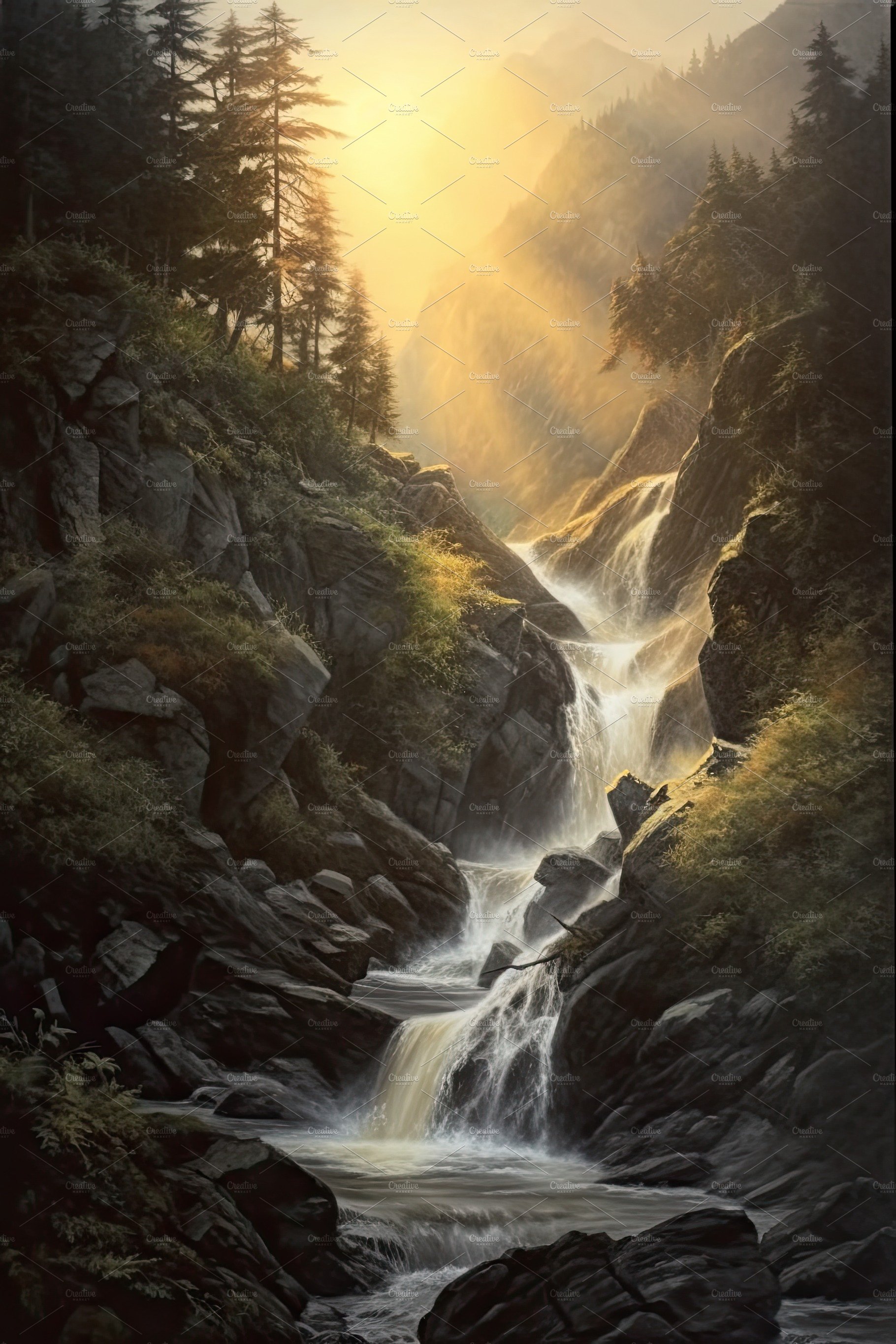 Beautiful vertical landscape with tall mountains, waterfall and a river. Ge... cover image.