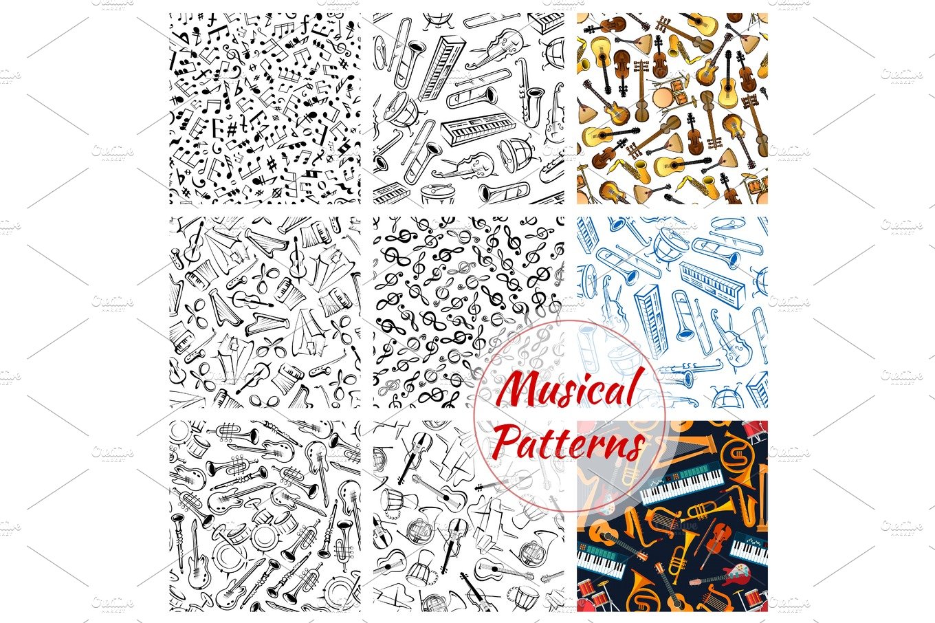 Patterns of musical instruments and music notes cover image.