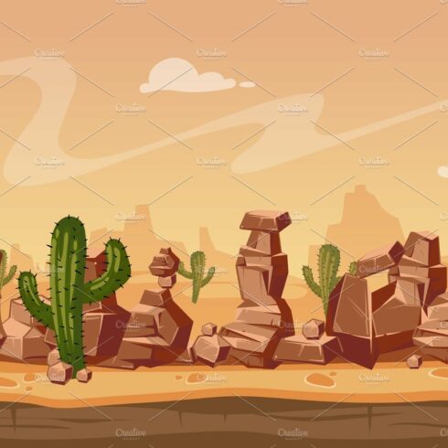 Vector cartoon seamless landscape with stones and cactus. Game wild backgro... cover image.