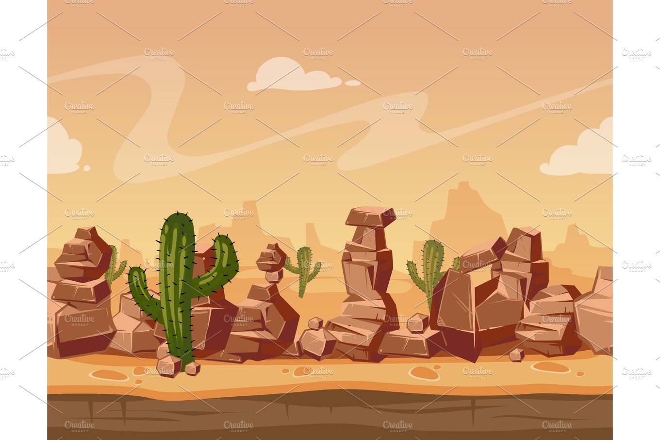 Vector cartoon seamless landscape with stones and cactus. Game wild backgro... cover image.