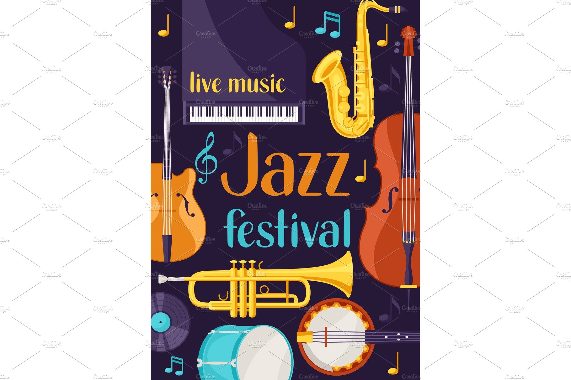 Jazz festival live music retro poster with musical instruments cover image.