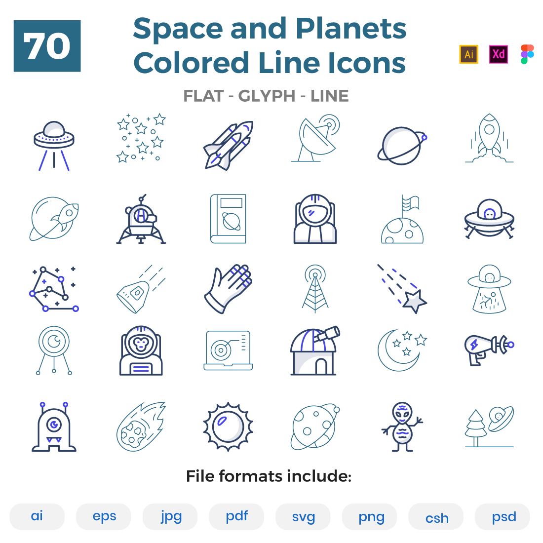 70 Space Colored Line Icons Pack cover image.