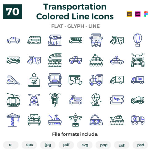 Pack of Transport Colored Line icons cover image.