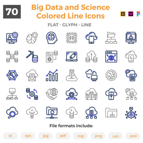 70 Big Data and Science Colored Outline Icons cover image.