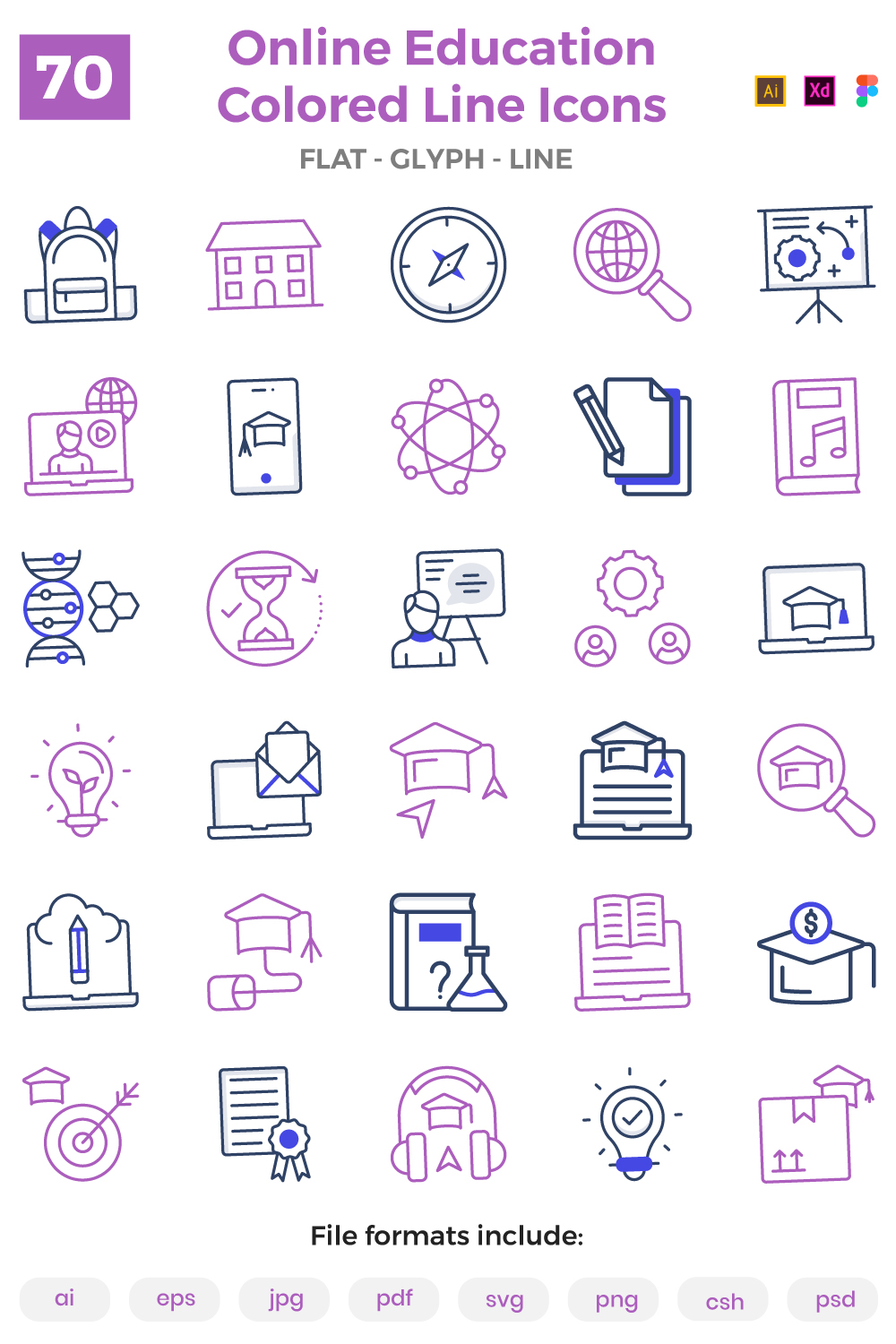 Online Education and Learning Colored Line Icons pinterest preview image.