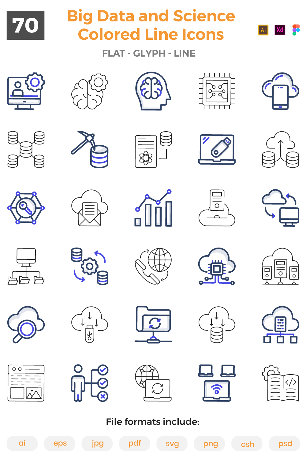 70 Big Data and Science Colored Outline Icons pinterest preview image.