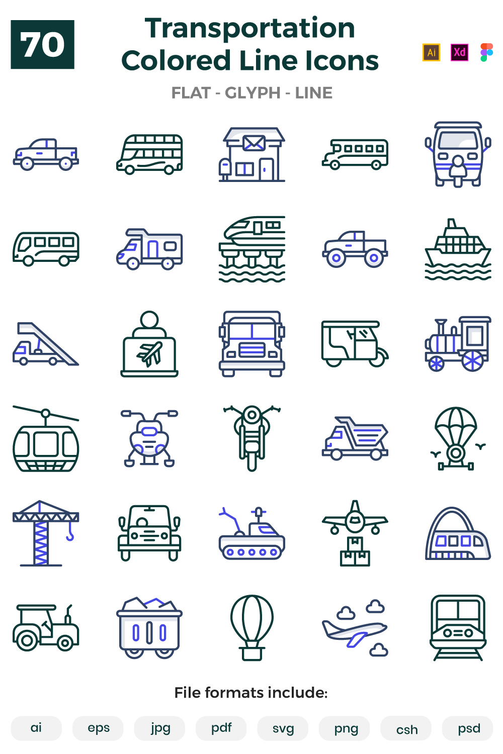 Pack of Transport Colored Line icons pinterest preview image.
