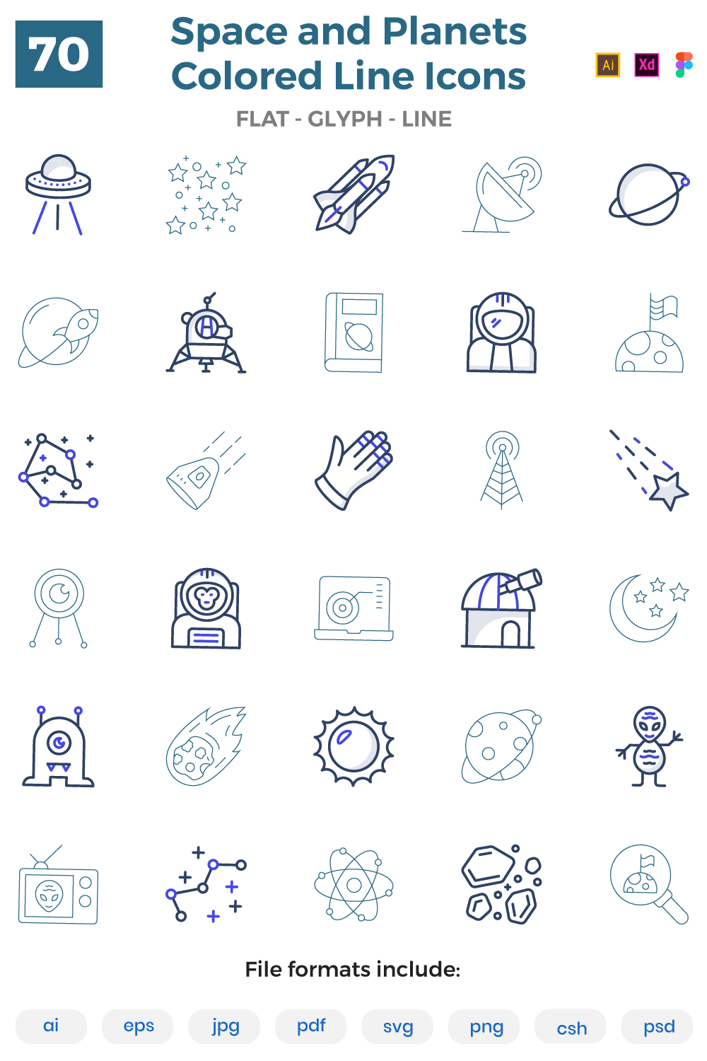 70 Space Colored Line Icons Pack pinterest preview image.