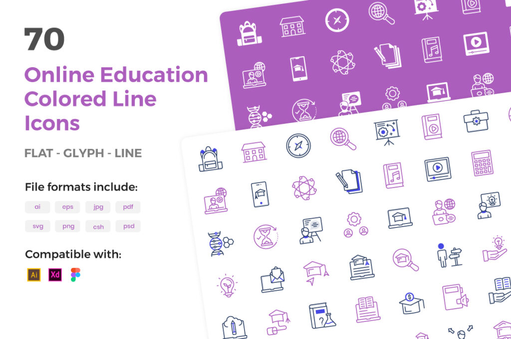 Line Icons Learning Online Education and Learning Colored Line Icons - MasterBundles