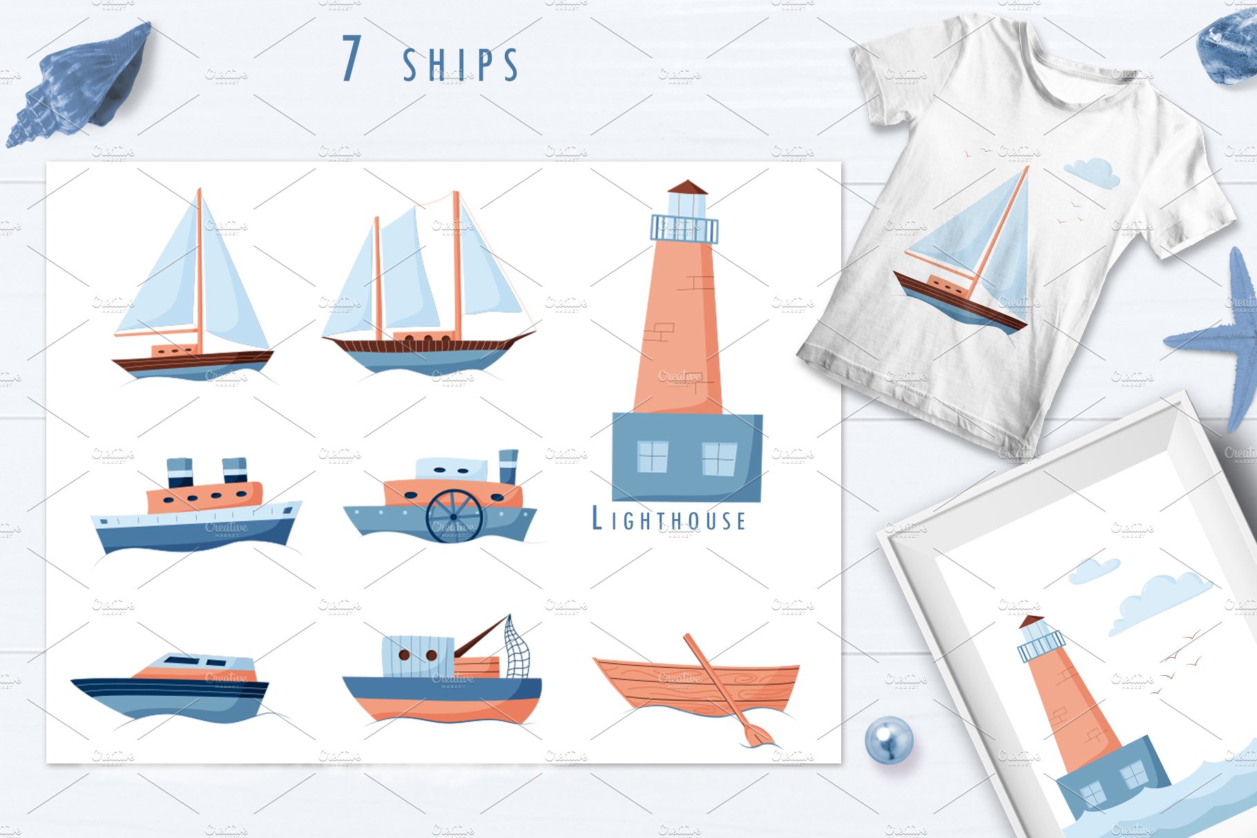 Ships and marine attributes. Vector preview image.