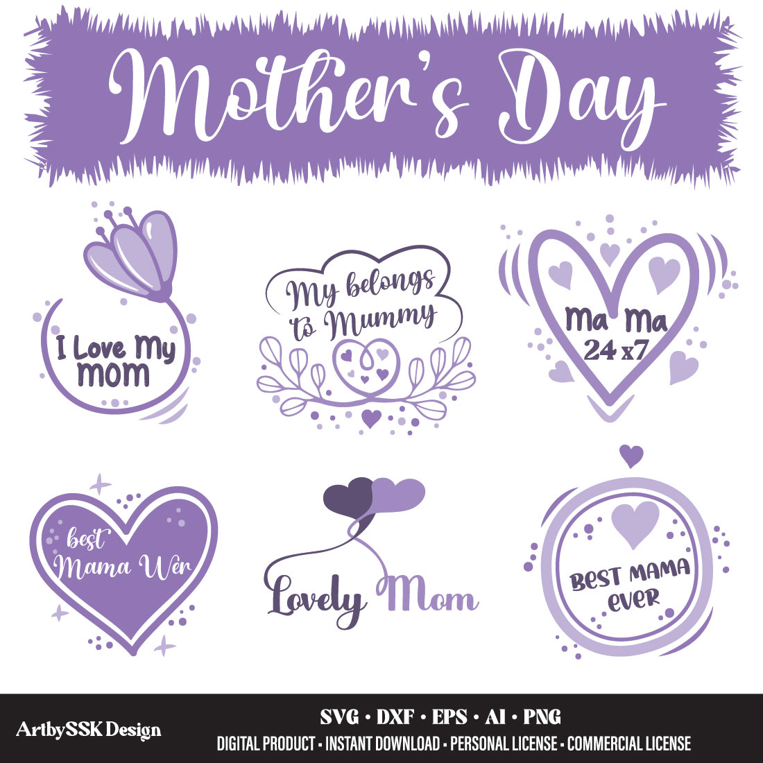 Happy Mother's Day SVG, Mothers Day SVG Bundle Instant Download Full vectors 100% Editable and Scalable CMYK colors Print ready preview image.