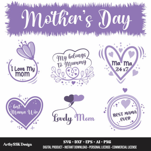 Happy Mother's Day SVG, Mothers Day SVG Bundle Instant Download Full vectors 100% Editable and Scalable CMYK colors Print ready cover image.