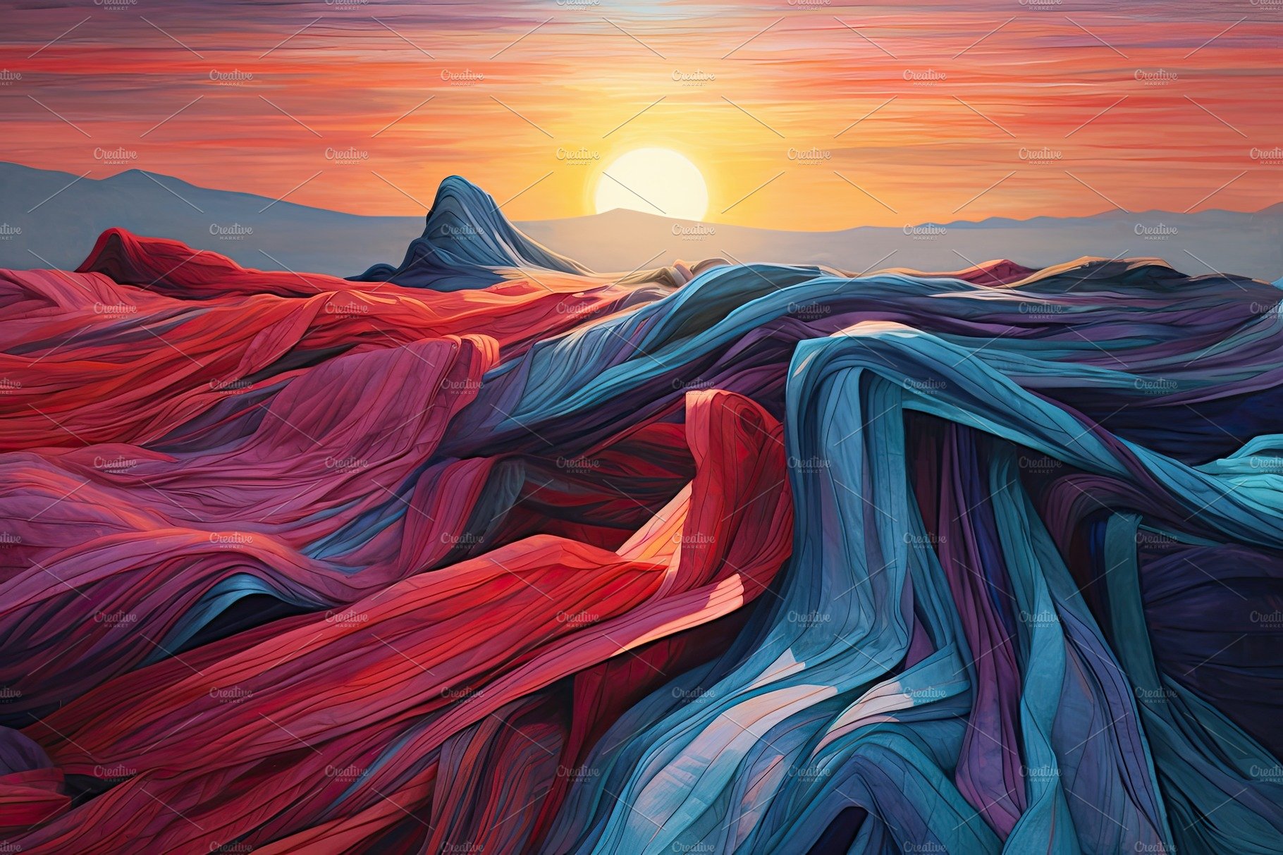 Colorful cloth weaved abstract painting over a sunset background cover image.