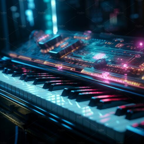 Piano standing in futuristic city street with neon lights illumination. Cyb... cover image.