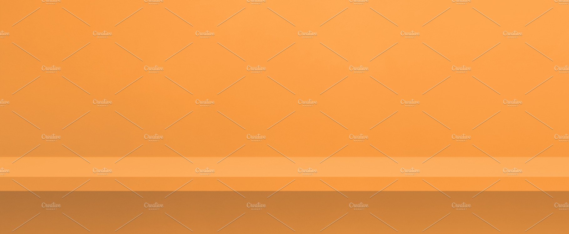 Empty shelf on light orange wall. Background template. Horizonta cover image.