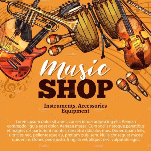 Vector music shop sketch of musical instruments cover image.