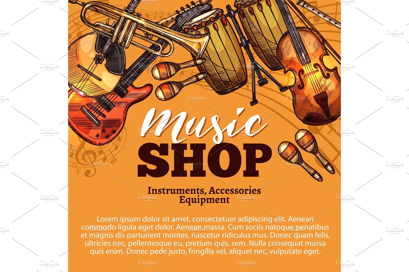 Vector music shop sketch of musical instruments cover image.