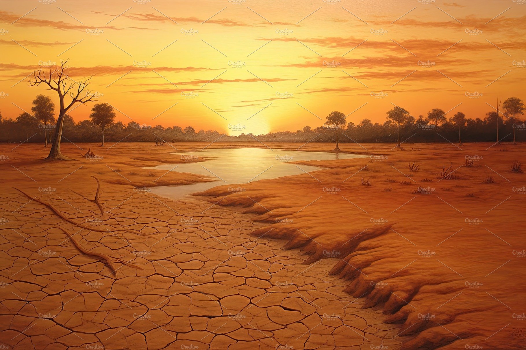 Dry land at sunset, representing drought and lack of water, climate change ... cover image.