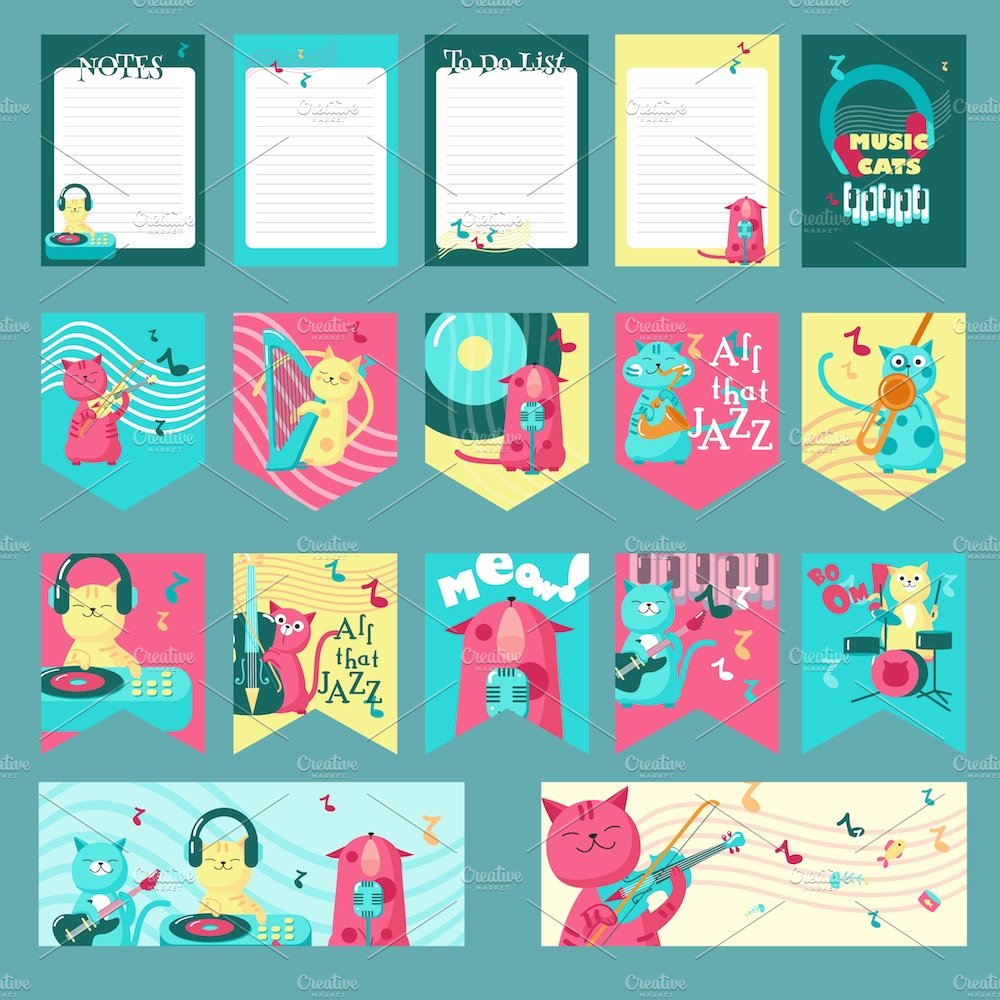 Music cats set and seamless patterns preview image.