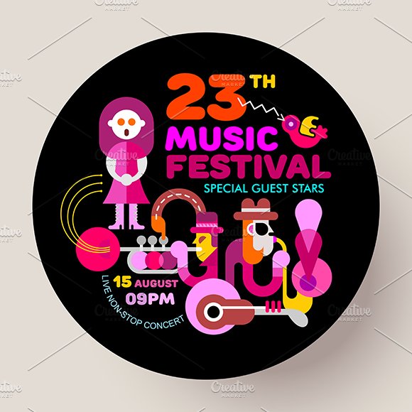 Music Festival round template design preview image.