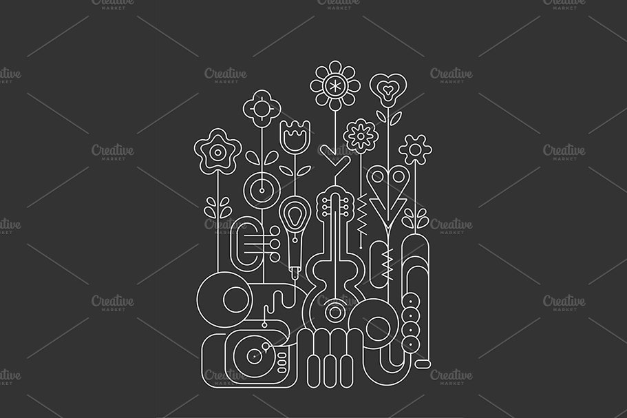 music instruments and flowers line art grey 911 960